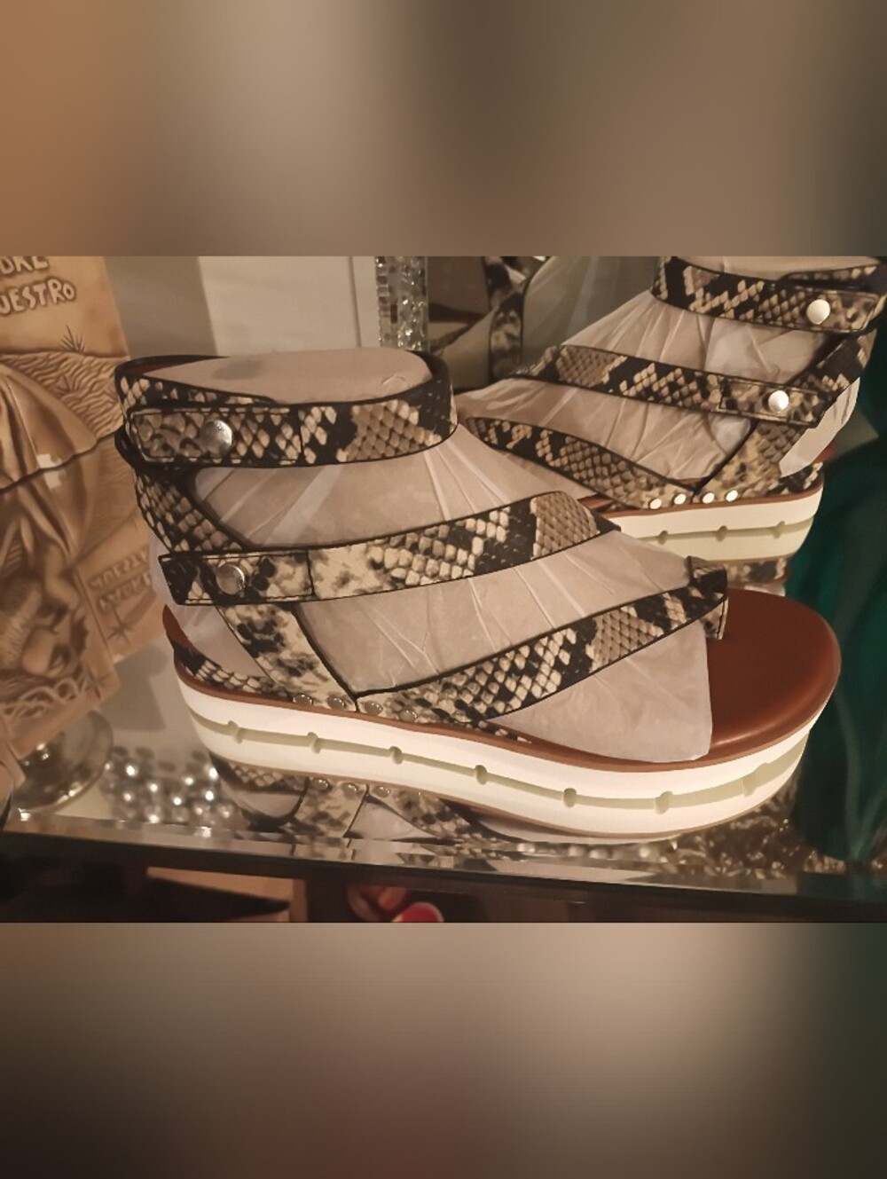 Franco Sarto Snake-Print Taupe and White Platform Sandals